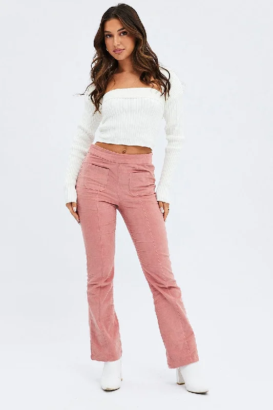 All Season Fashion Collection Pink Flare Leg Pants High Rise Corduroy