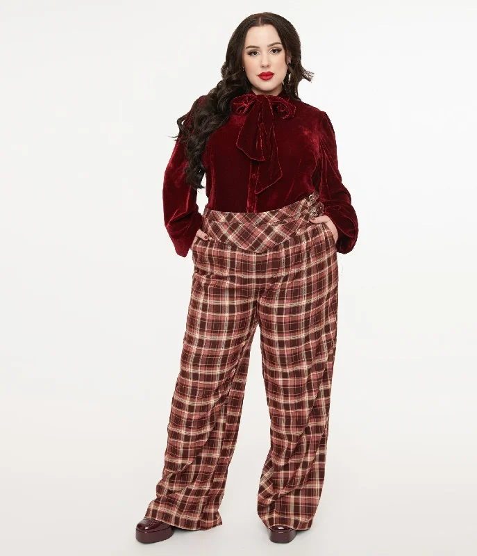 Elegant Style Unique Vintage Plus Size Burgundy Plaid Double Belt Woven Pants