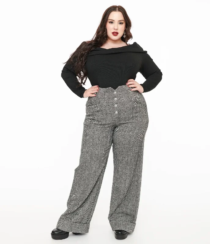 Vibrant Femme Fashion Unique Vintage Plus Size 1940s Grey Herringbone Buttoned Wide Leg Trousers