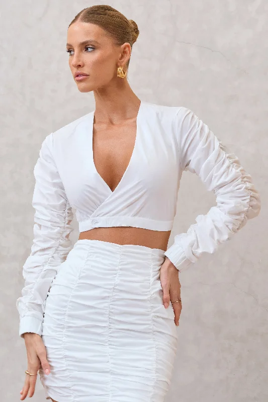 Wardrobe Refresh Sundown | White Ruched Sleeve Wrap Detail Cropped Shirt