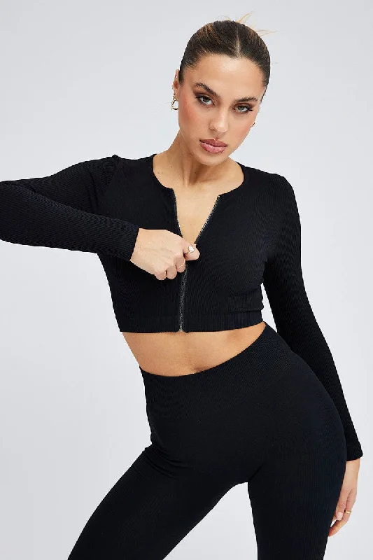 Women's Casual Dresses Black Zip Up Top Seamless Activewear