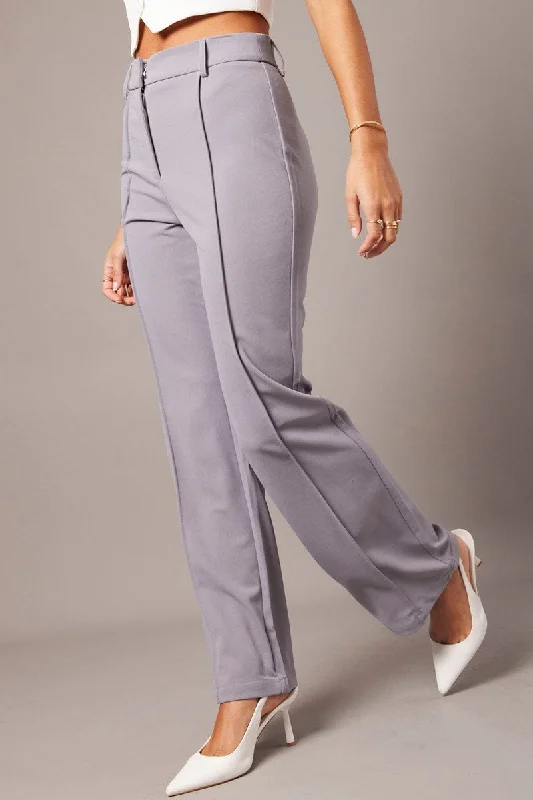 Women's Clothing Brands Grey Straight Fit Pants High Rise Workwear