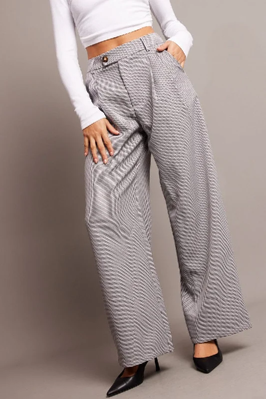 Affordable Online Boutique Black Check Wide Leg Pants High Rise