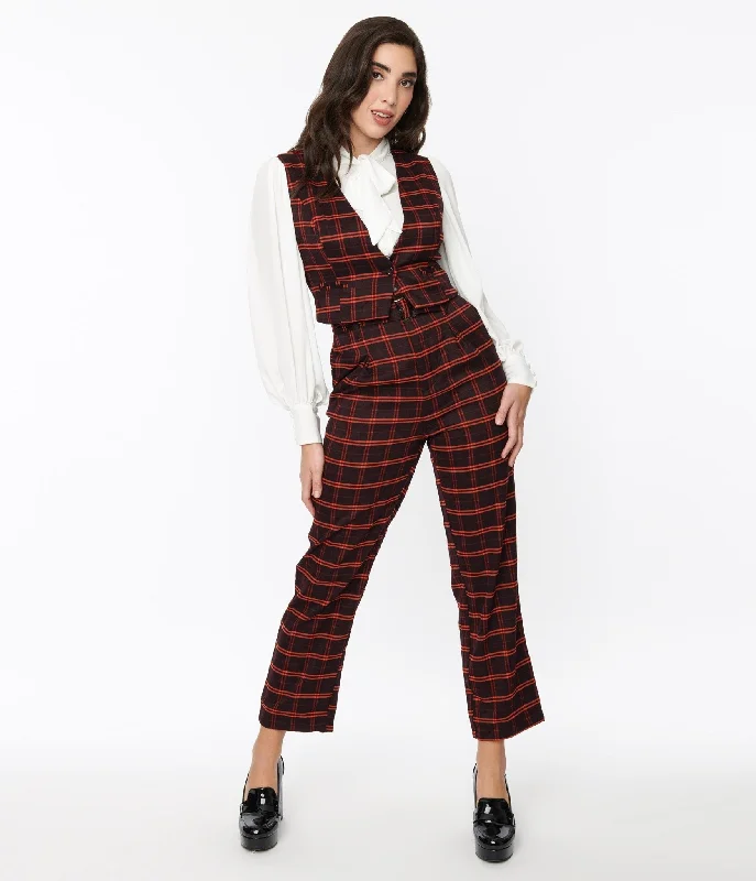 Trendy And Individual Women's Fashion Black & Orange Windowpane Pants