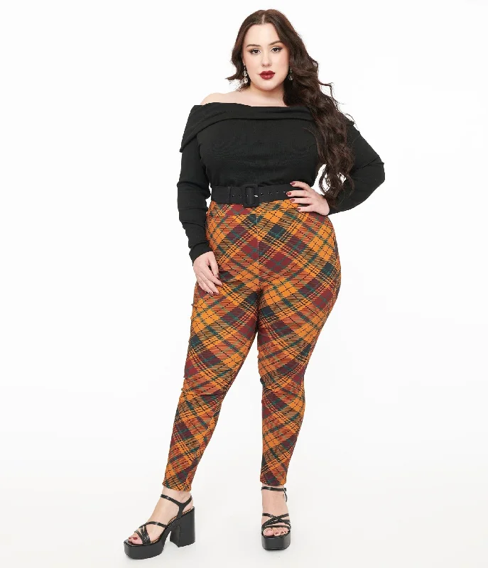 Chic Styles Unique Vintage Plus Size 1960s Mustard & Burgundy Plaid High Waist Cigarette Pants