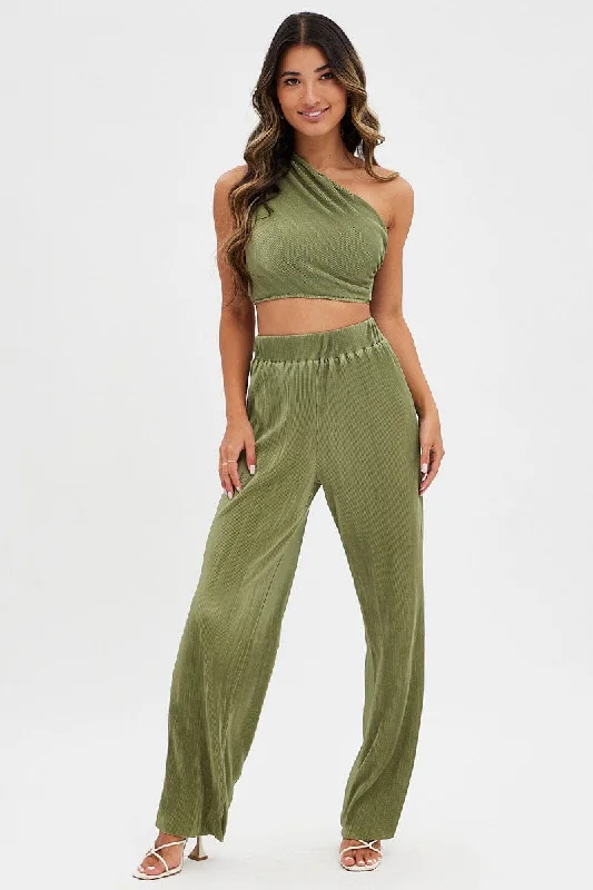 Bid Farewell To The Old Season Green Plisse Pants Wide Leg