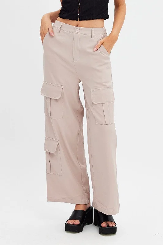 Enjoy Discount Beige Wide Leg Pants Cargo Pockets