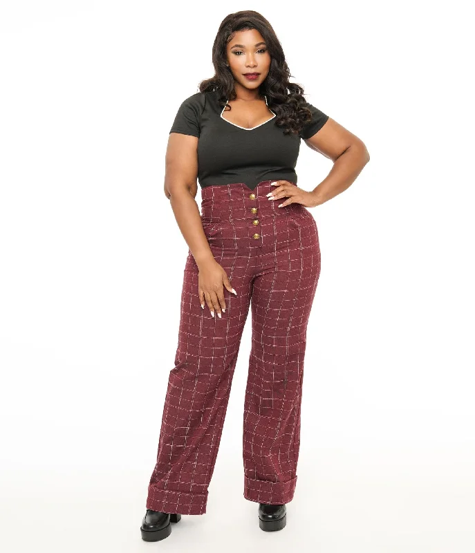 Premium Style Unique Vintage Plus Size 1940s Burgundy Windowpane Buttoned Wide Leg Trousers