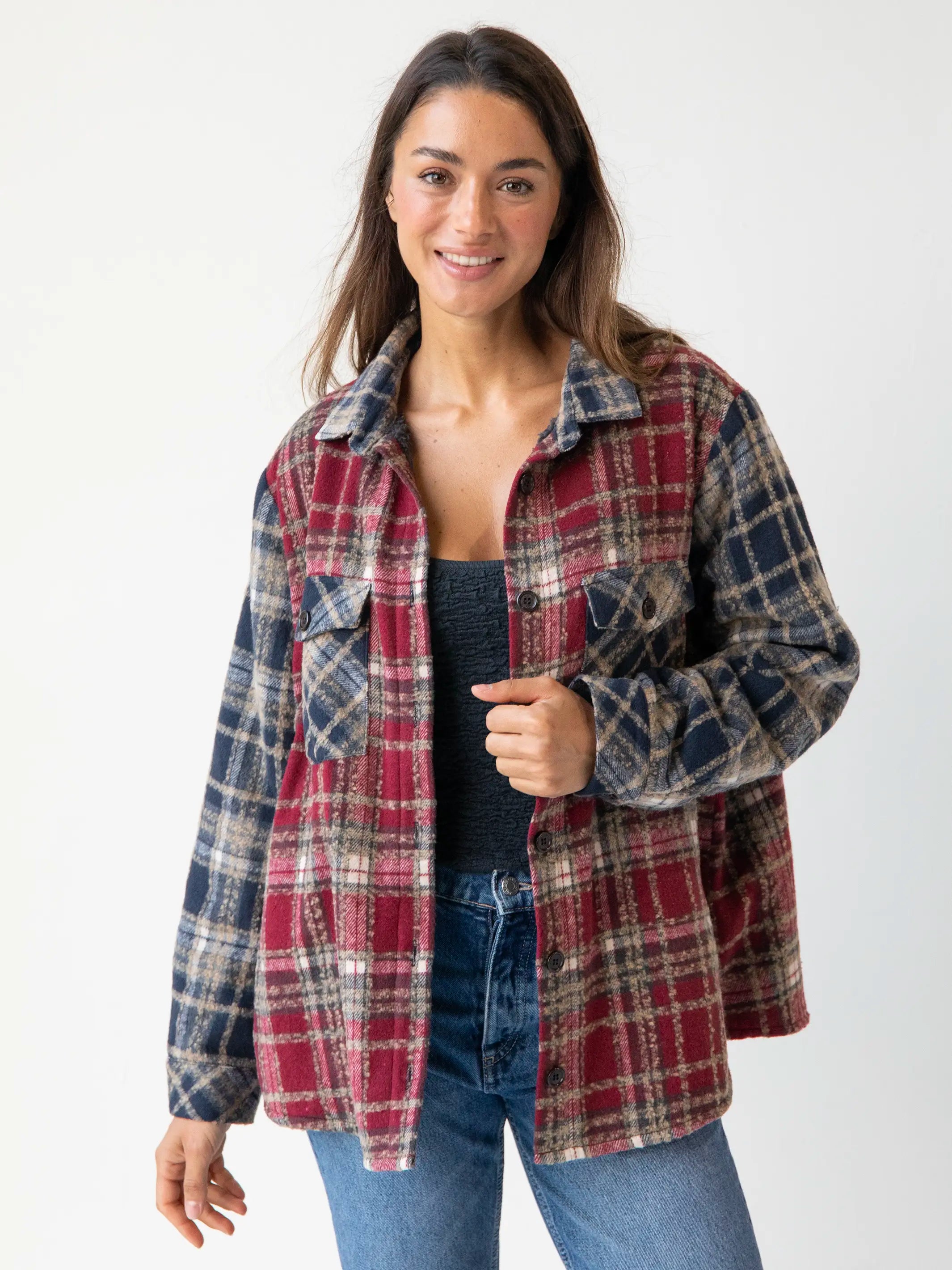 Season Offer Warm & Cozy Shacket - Cranberry Navy Mixed Plaid