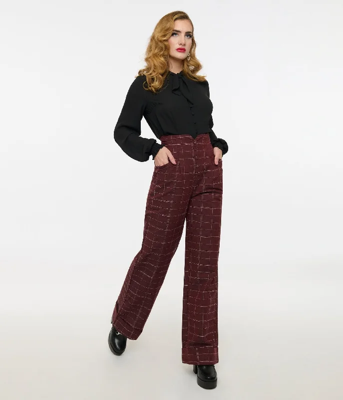 Vibrant Styles Unique Vintage 1940s Burgundy Windowpane Buttoned Wide Leg Trousers