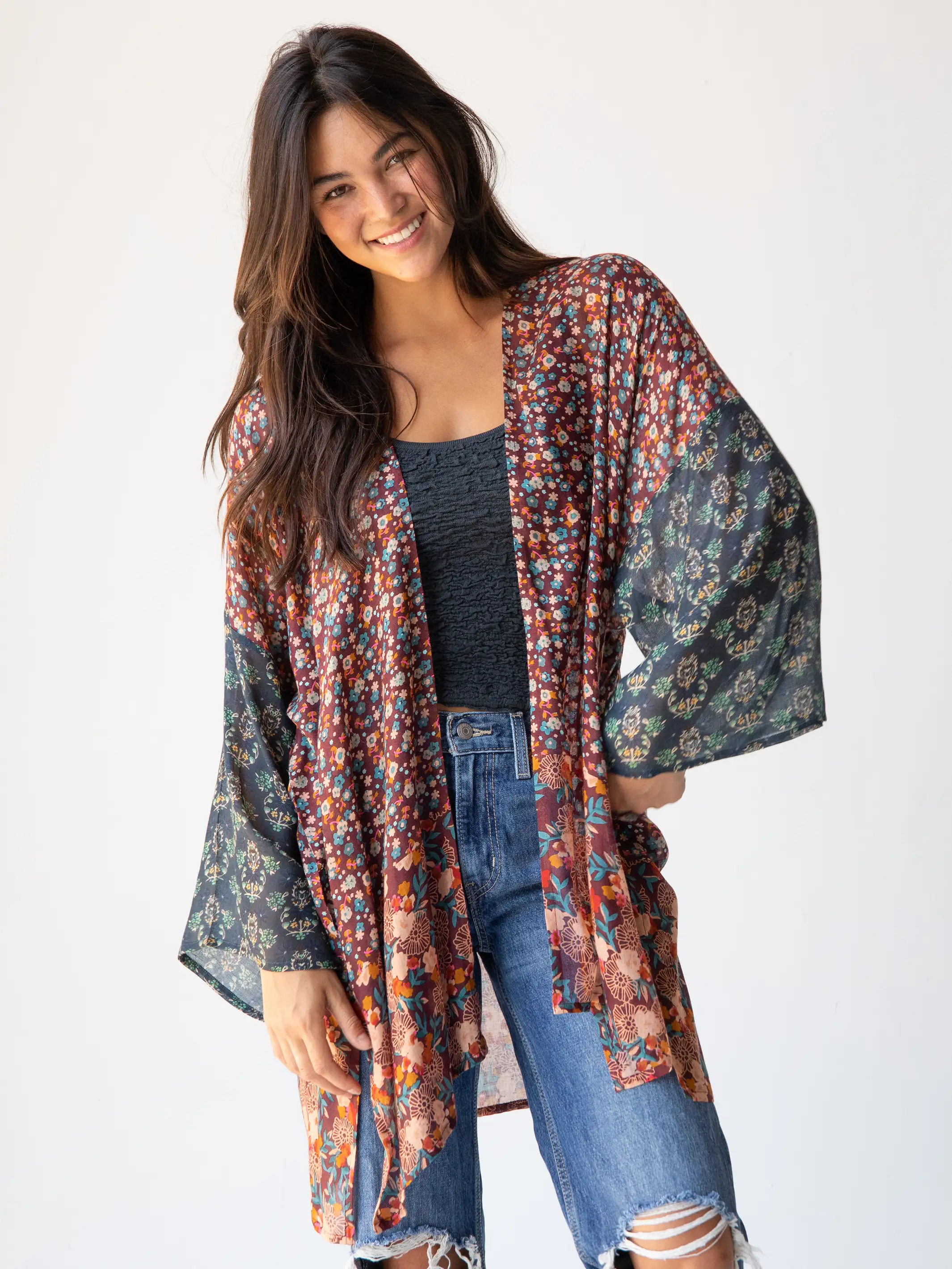 The Latest Trends Sierra Mixed Print Kimono - Brown Teal Floral