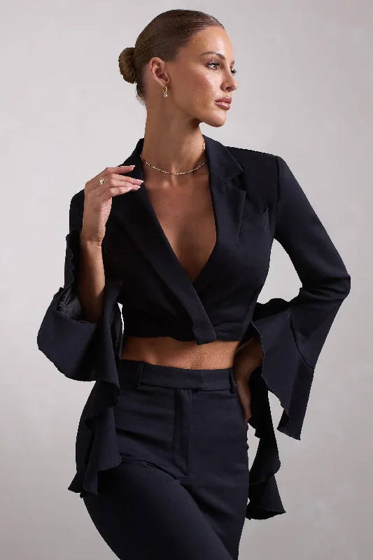 Big Savings Sophie | Black Cotton-Blend Tailored Cropped Blazer With Ruffled Cuffs