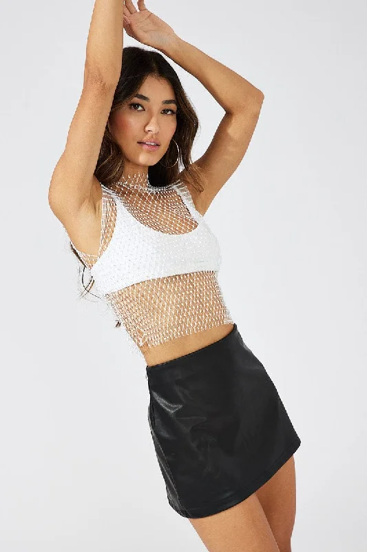 Fashionable Dresses for Women White Rhinestone Mesh Fishnet Top