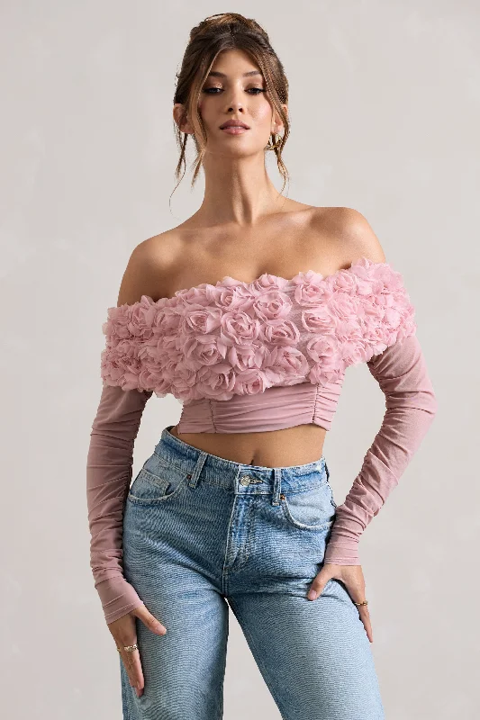 Women's Clothing Sale Libbie | Pink Mesh Floral Bardot Top