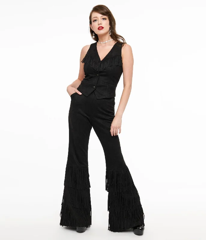 Trend Leading Collection Smak Parlour 1970s Black Suede Tassel Flare Pants