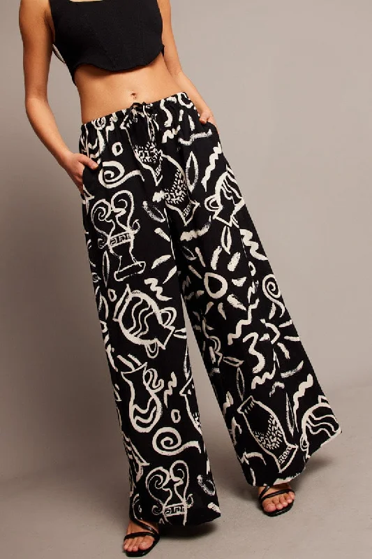 Fashion Forward Black Abstract Wide Leg Pants High Rise