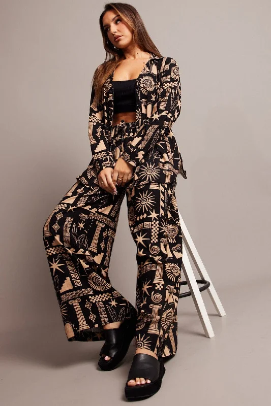 Sophisticated Fashion Black Abstract Wide Leg Pants High Rise