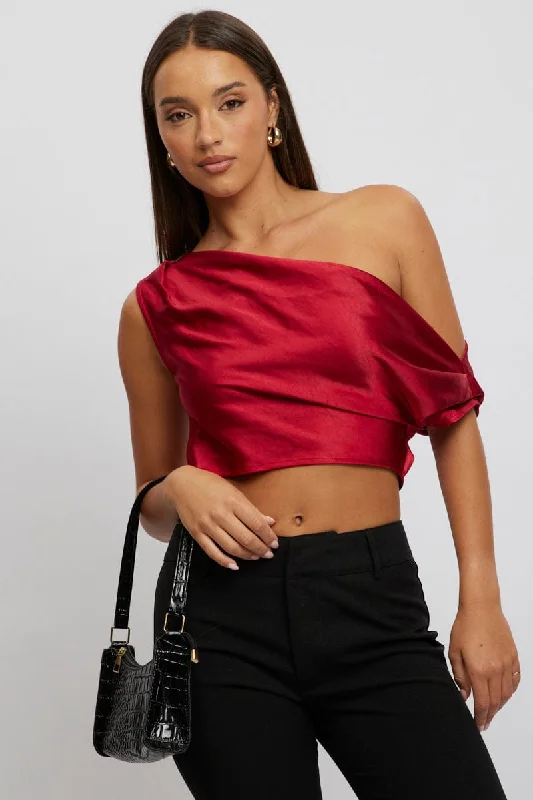 Fashion-forward Women's Clothing Red On Off Shoulder Satin Top