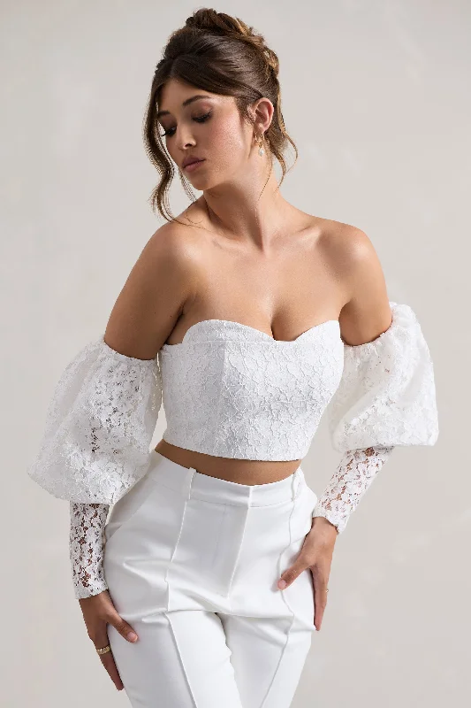 Flash Sale Event Marina | White Lace Bardot Puff-Sleeve Top