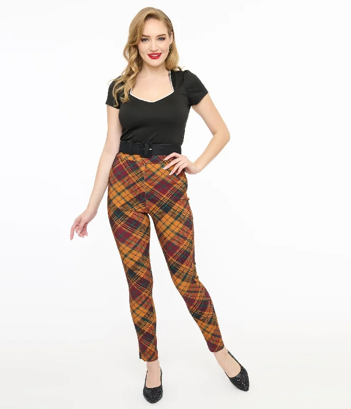 Chic Outfits Unique Vintage 1960s Mustard & Burgundy Plaid High Waist Cigarette Pants