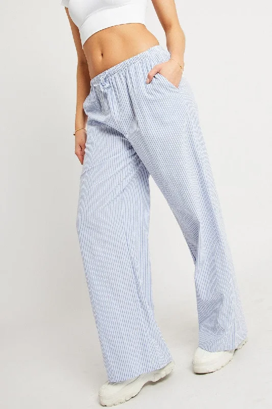 Vibrant Femme Fashion Blue Stripe Wide Leg Pants High Rise