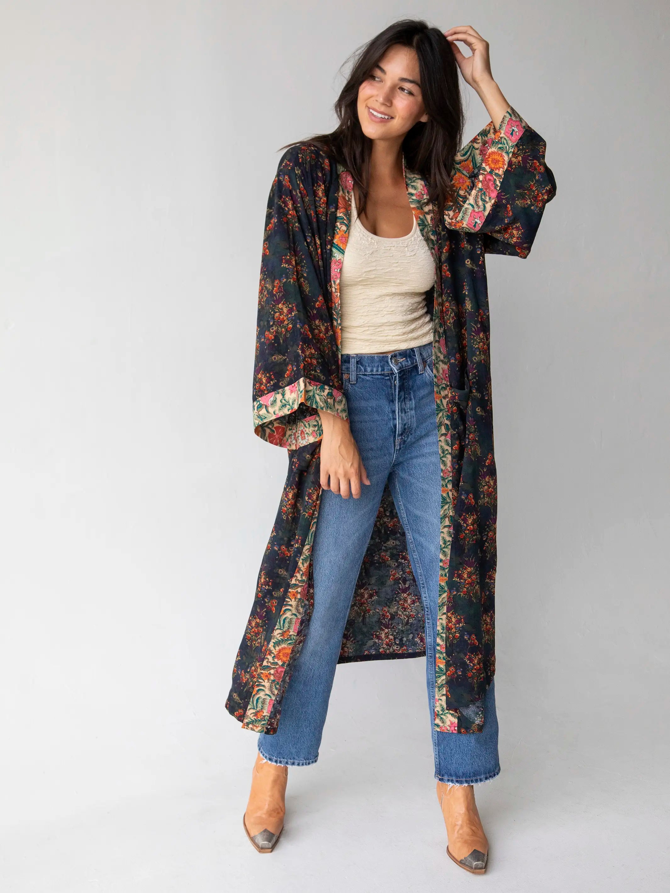 Trendy Casual Outfits Camila Kimono - Indigo Tan Mixed Floral