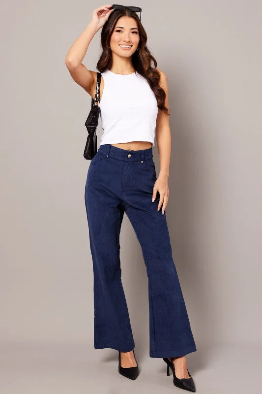 Versatile Style Wardrobe Blue Wide Leg Pants High Rise Corduroy