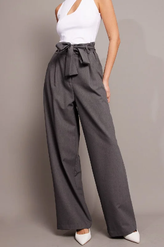 Holiday Gift Guide Sale Grey Wide Leg Pants Waist Tie