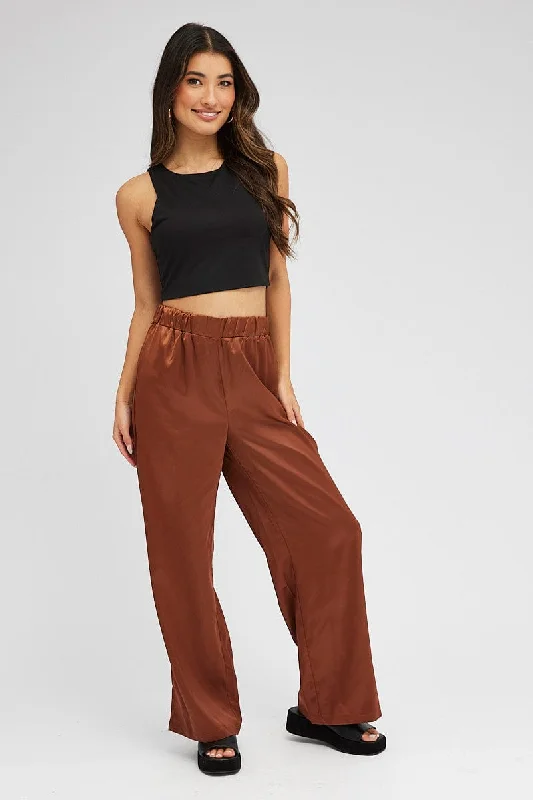 Style Redefined Brown Wide Leg Pants High Rise Satin