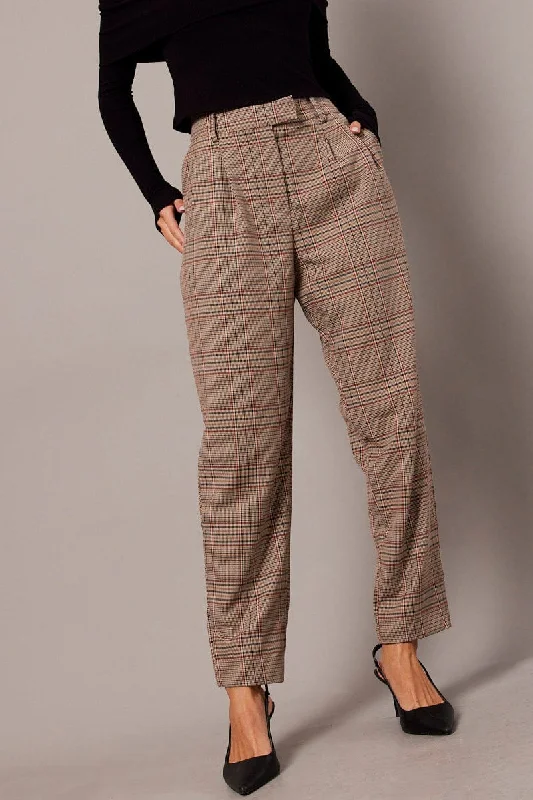 Trendy Boutiques Online Beige Check Tapered Pants High Rise