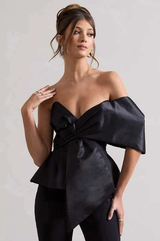 Glamorous Evening Wear Mayfair | Black Asymmetric Bardot Top With Peplum Hem