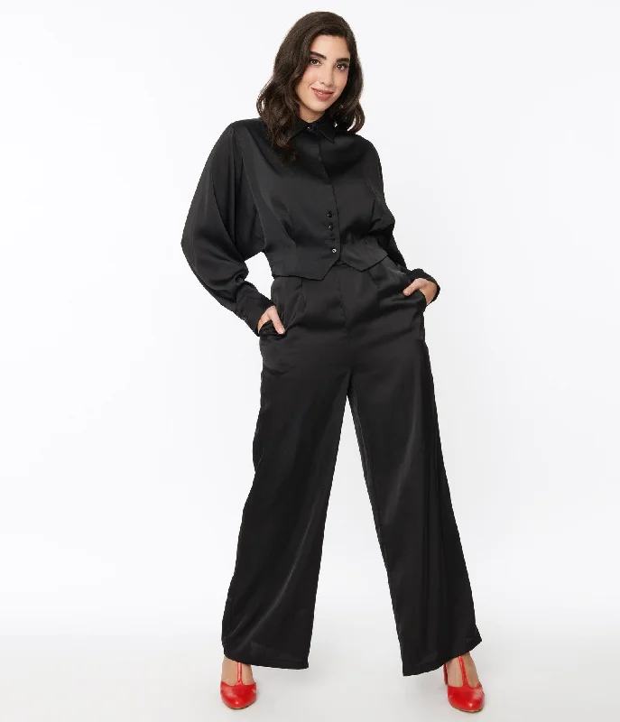 Effortless Everyday Wear Black Satin Eva Suit Set