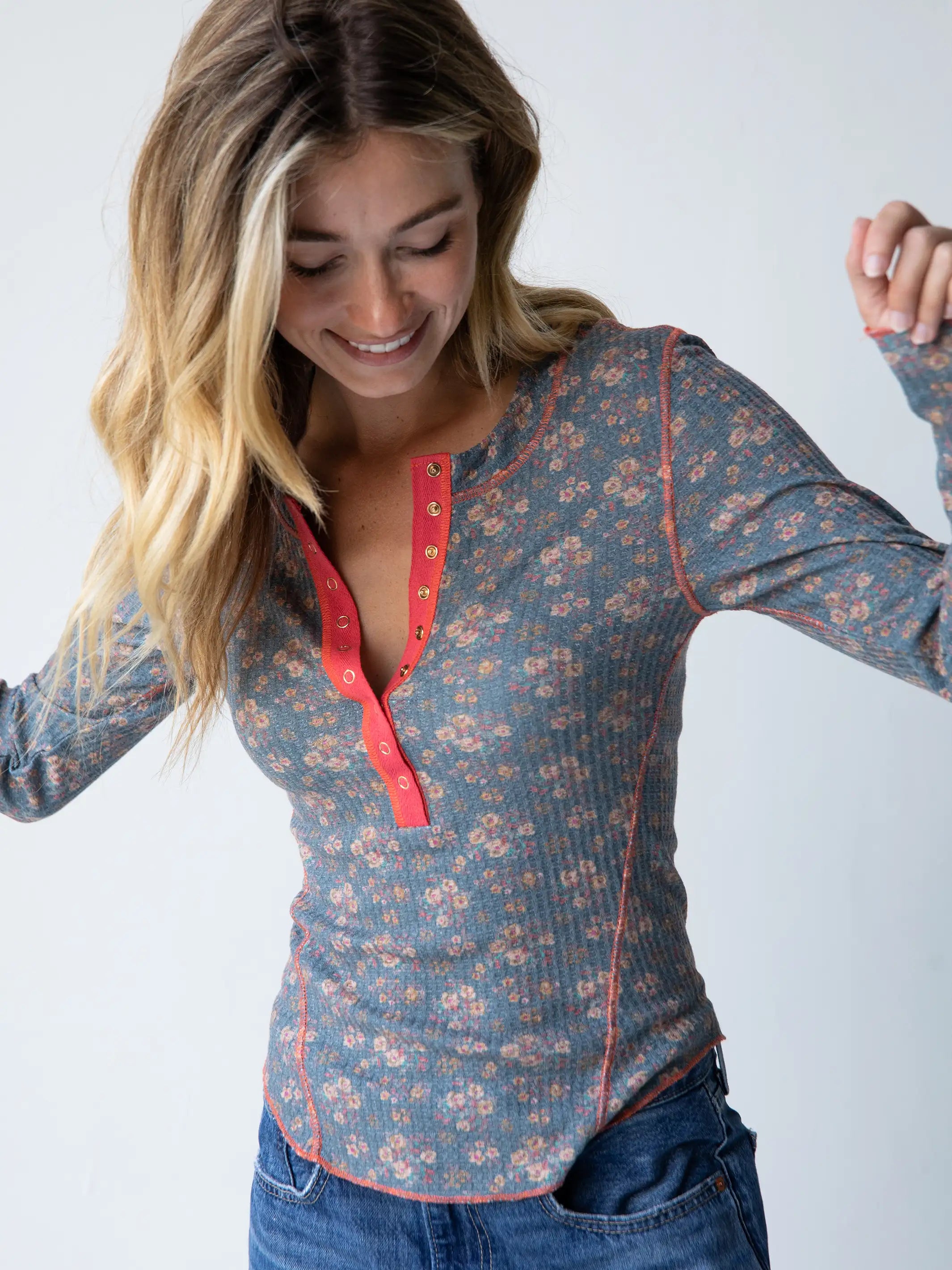 Women's Clothes for All-Day Comfort and Style Reagan Thermal Henley - Slate Floral Blooms