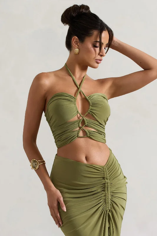 Clothing For Women Bora Bora | Olive Ruched Halter-Neck Cut-Out Top