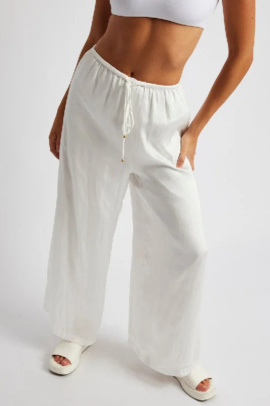 Glamorous Evening Wear White Wide Leg Pants High Rise Satin