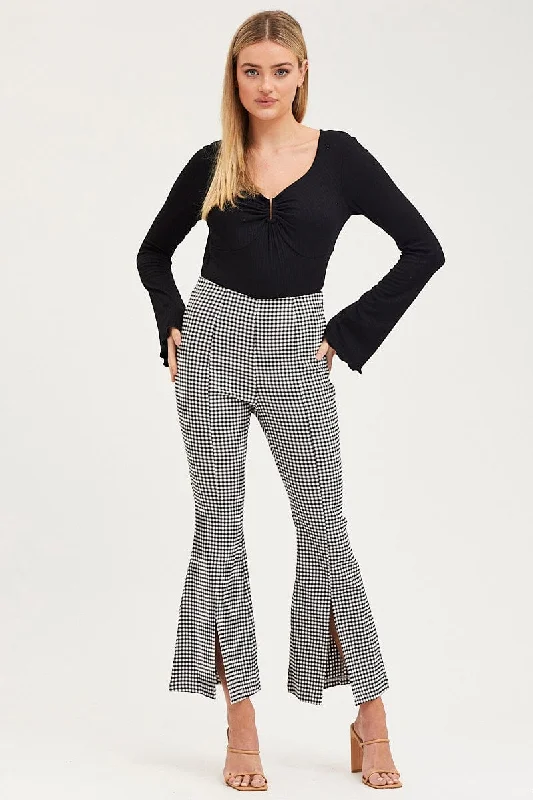 Trendy Styles Check Flare Pants High Rise Front Split