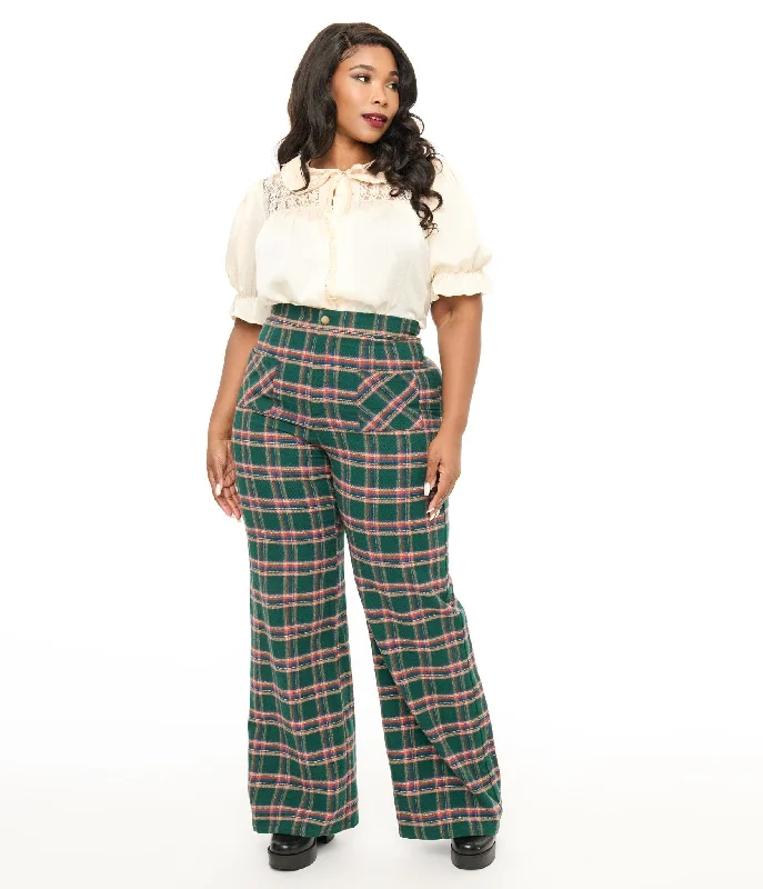 Everyday Wear Smak Parlour Plus Size 1960s Green & Red Plaid Wide Leg Trousers