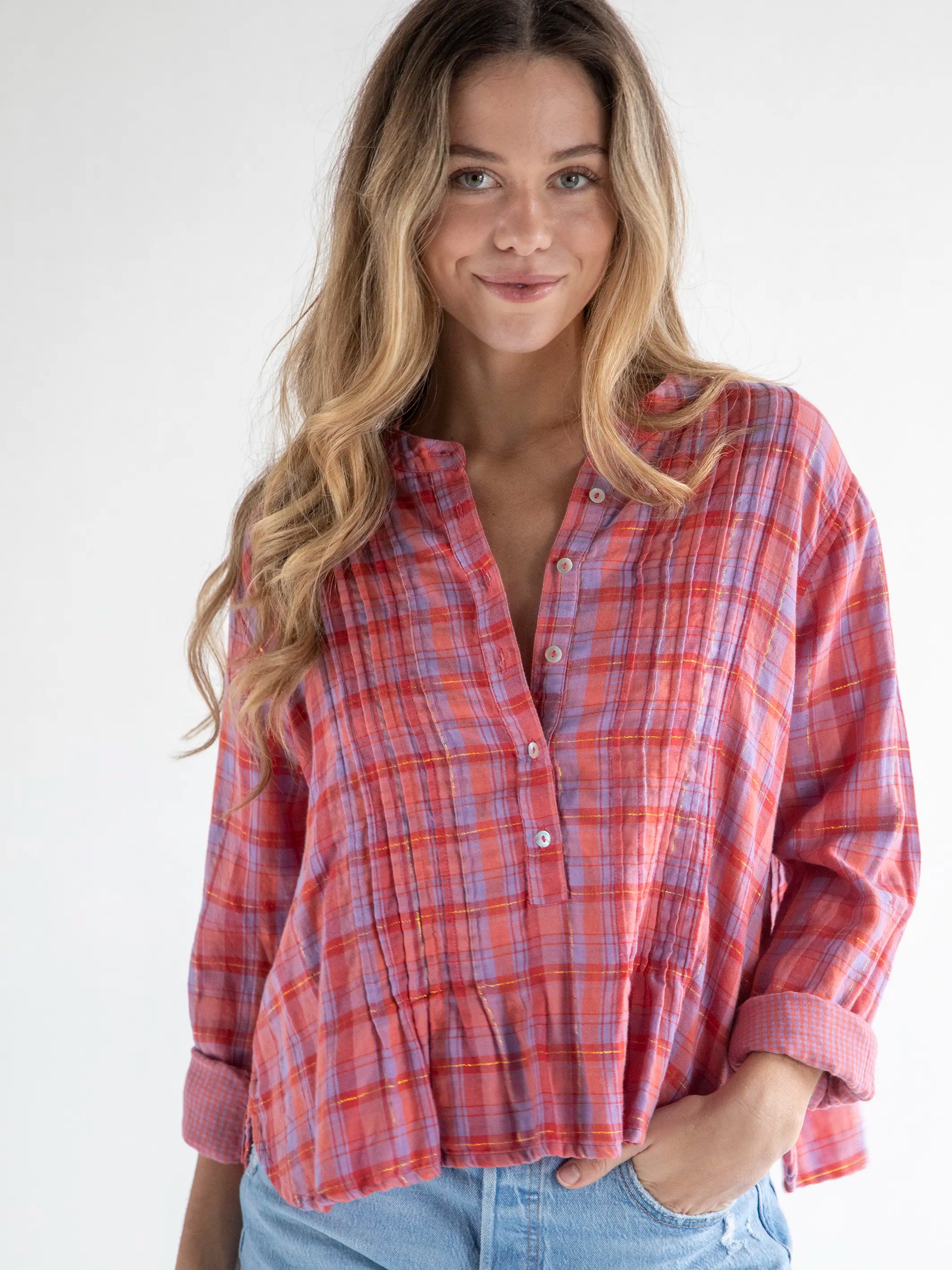 Chic & Cozy Collection Montana Top - Gauze Pink Lavender Plaid