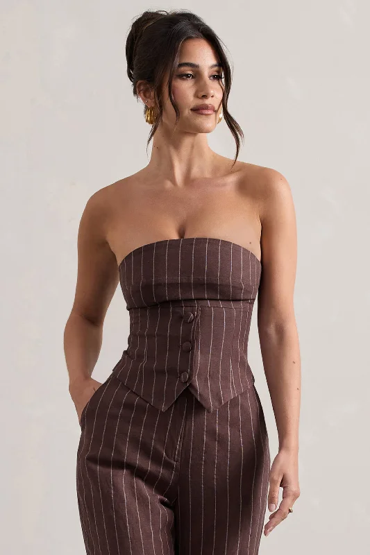 Bundle Offer On Time | Chocolate Brown Pinstripe Tailored Bandeau Top