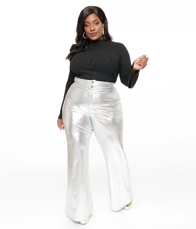 Seasonal Trends Smak Parlour Plus Size 1960s Metallic Silver High Waist Flare Pants