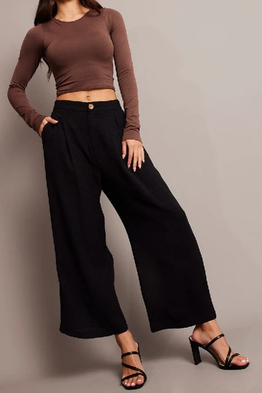 Trendy Street Style Black Wide Leg Pants Cropped