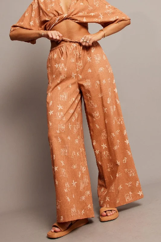 Seasonal Trends Brown Abstract Wide Leg Pants High Rise