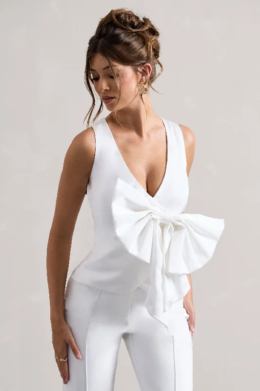 Clothing Brands Adoration | Cream Satin Plunge-Neck Top With Bow