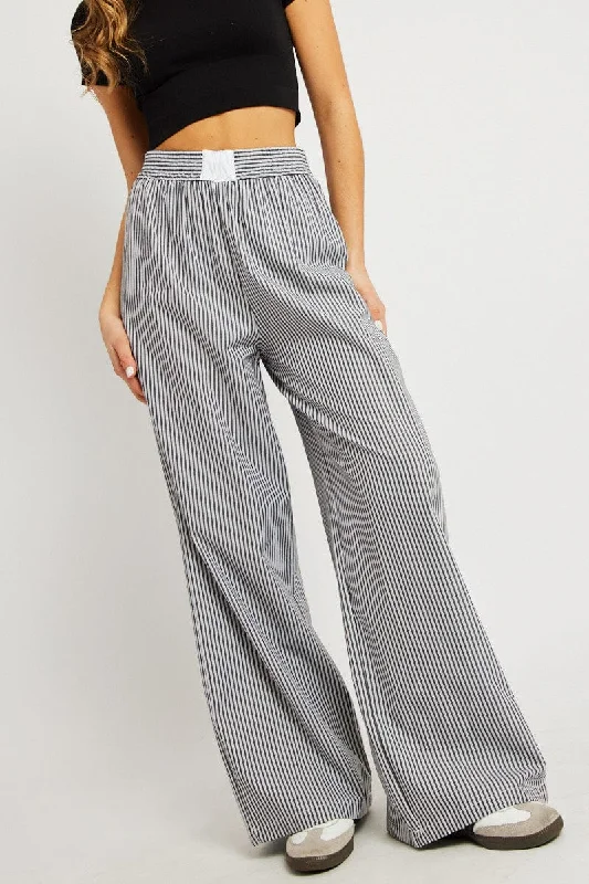 Stylish Looks Grey Stripe Wide Leg Pants High Rise