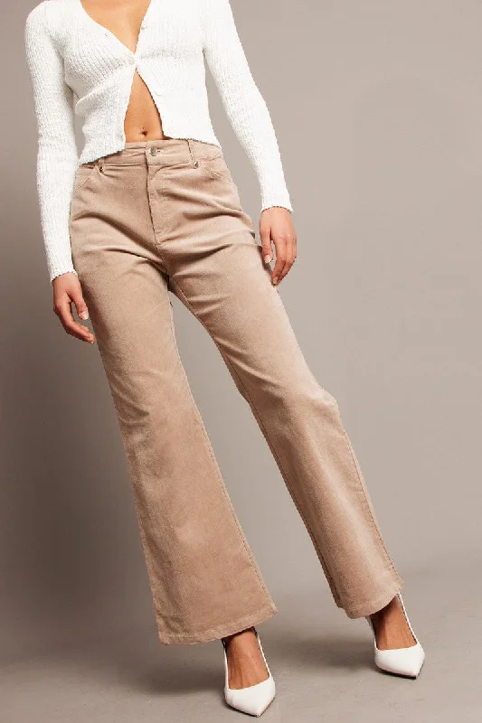 Women Fashion Beige Wide Leg Pants High Rise Corduroy