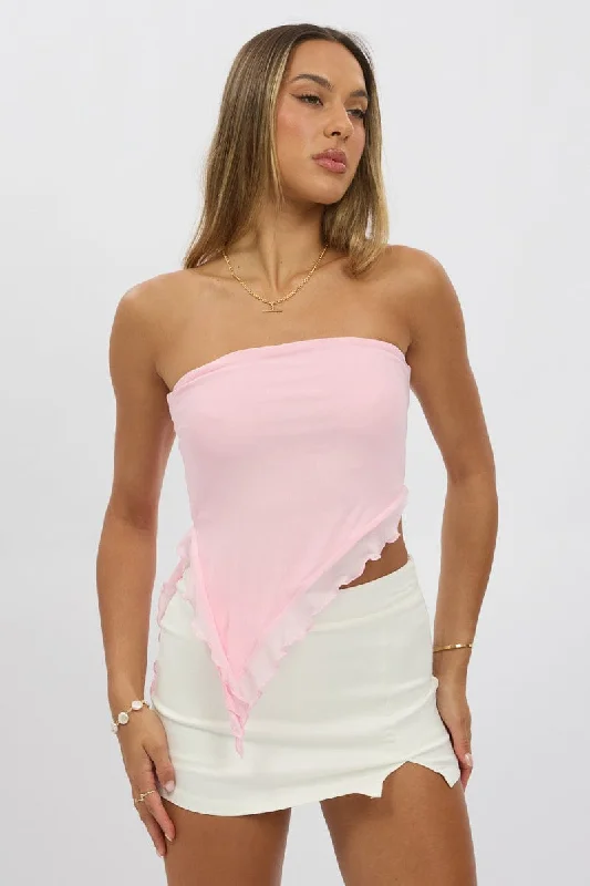 Timeless Women's Fashion Styles Pink Bandeau Top Asymmetrical Ruffle Hem Mesh