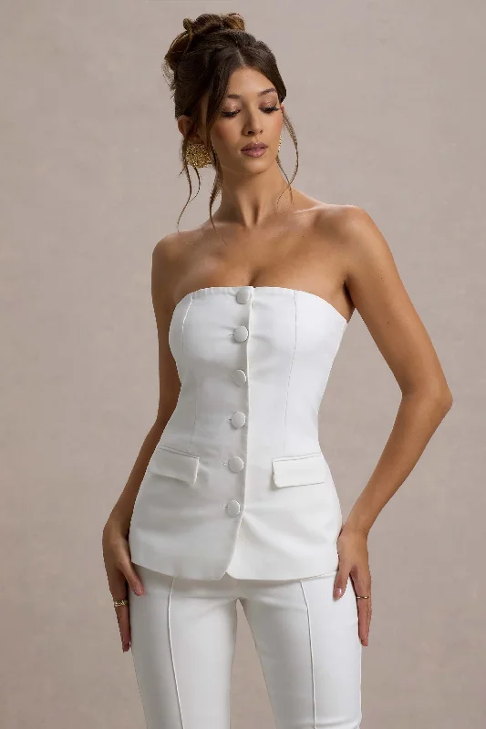 Chic Outfits Elliana | White Strapless Button Front Tailored Top