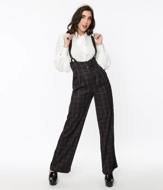 Exclusive Designer Collection Unique Vintage Black & Orange Windowpane Thelma Suspender Pants