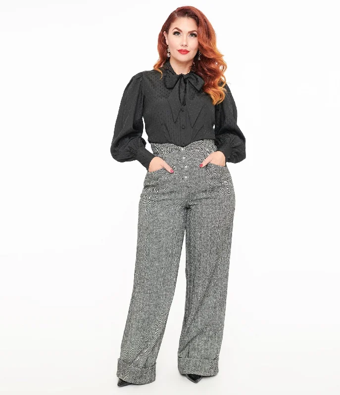 Vibrant Femme Fashion Unique Vintage 1940s Grey Herringbone Buttoned Wide Leg Trousers