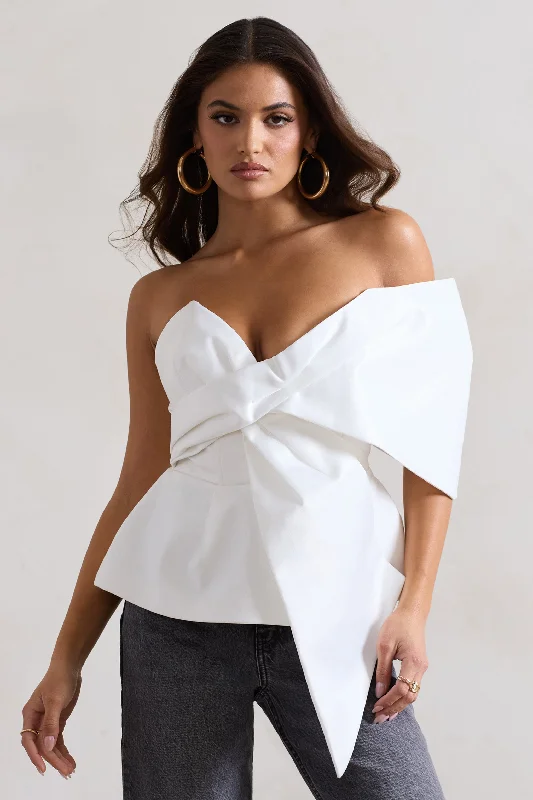 Minimalist Style Mayfair | White Asymmetric Bardot Top With Peplum Hem